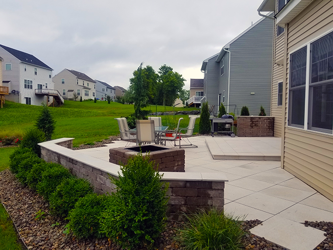 Porcelain Tile Patio, Firepit, Herb Garden and Landscaping