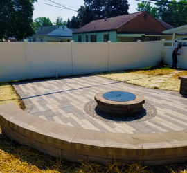 Concrete Wood Plank Patio, Fire Pit and Seat Wall