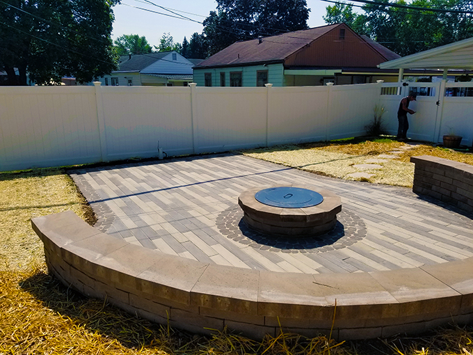 Concrete Wood Plank Patio, Fire Pit and Seat Wall