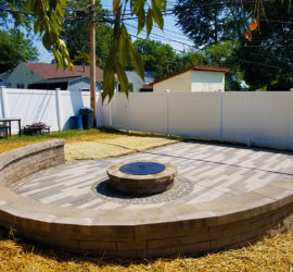 Concrete Wood Plank Patio, Fire Pit and Seat Wall