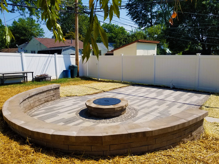 Concrete Wood Plank Patio, Fire Pit and Seat Wall