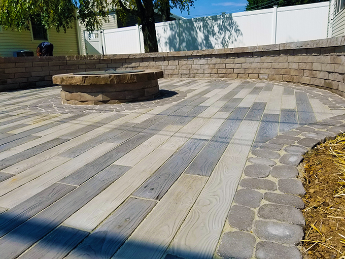 Concrete Wood Plank Patio, Fire Pit and Seat Wall