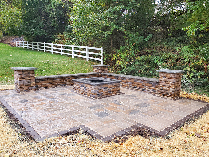 Cast Stone Wall, Firepit and Patio