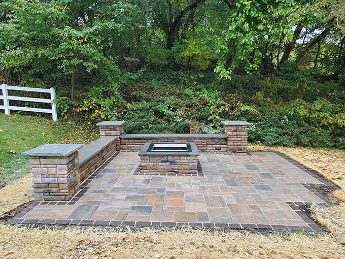 Cast Stone Wall, Firepit and Patio